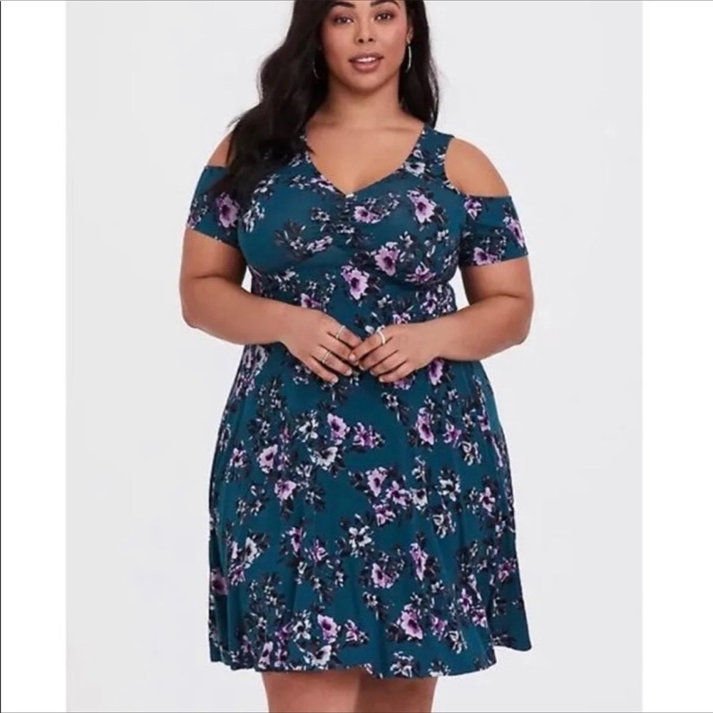 Torrid teal floral cold shoulder dress